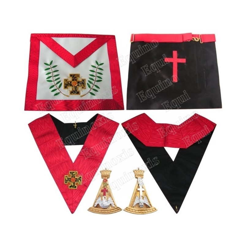 Ensemble 18th degree – Knight Rose Croix – Hand embroidery fake-leather apron + collar + jewel