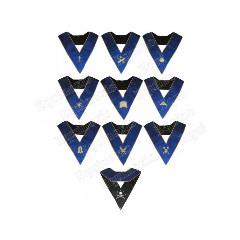 Masonic Officers' collars – Operative Rite of Solomon – 9-Officers set – Machine embroidery – Mourning back