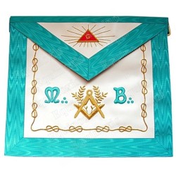 Leather Masonic apron – Master Mason – Groussier French Rite – Square-and-compass + Acacia + MB