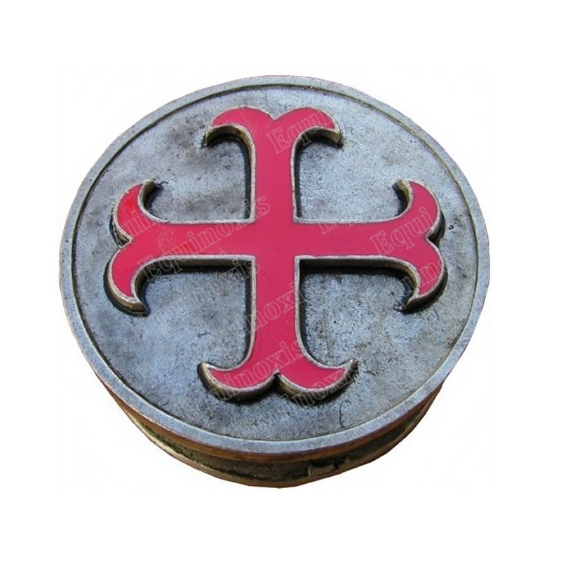 Templar pewter pill-box – Anchored cross – Red-enamel