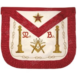 Leather Masonic apron – Scottish Rite (AASR) – Master Mason – Square-and-compass + acacia + columns – Red back